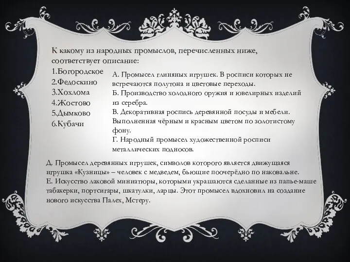 К какому из народных промыслов, перечисленных ниже, соответствует описание: 1.Богородское 2.Федоскино 3.Хохлома