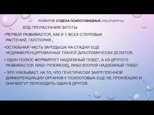 РАЗВИТИЕ ОТДЕЛА ПСИЛОТОВИДНЫЕ (PSILOTOPHYTA) ХОД ПРОРАСТАНИЯ ЗИГОТЫ ПЕРВОЙ РАЗВИВАЕТСЯ, КАК И У