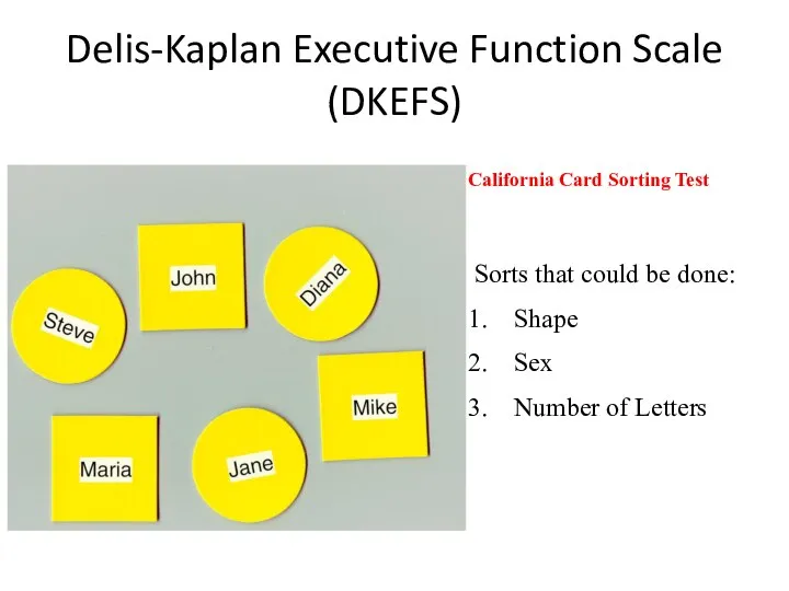 Delis-Kaplan Executive Function Scale (DKEFS) Sorts that could be done: Shape Sex