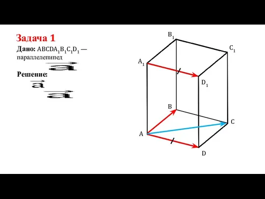 Задача 1 Дано: ABCDA1B1C1D1 —параллелепипед Решение: A B C D A1 B1 C1 D1