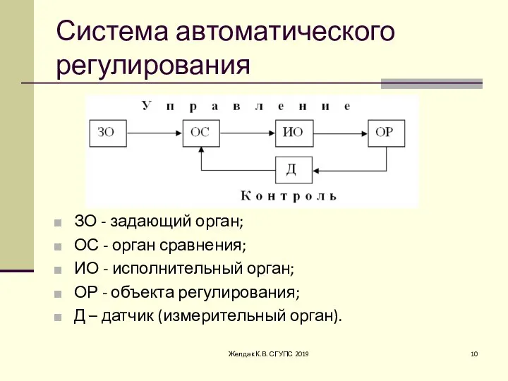 Система автоматического регулирования ЗО - задающий орган; ОС - орган сравнения; ИО