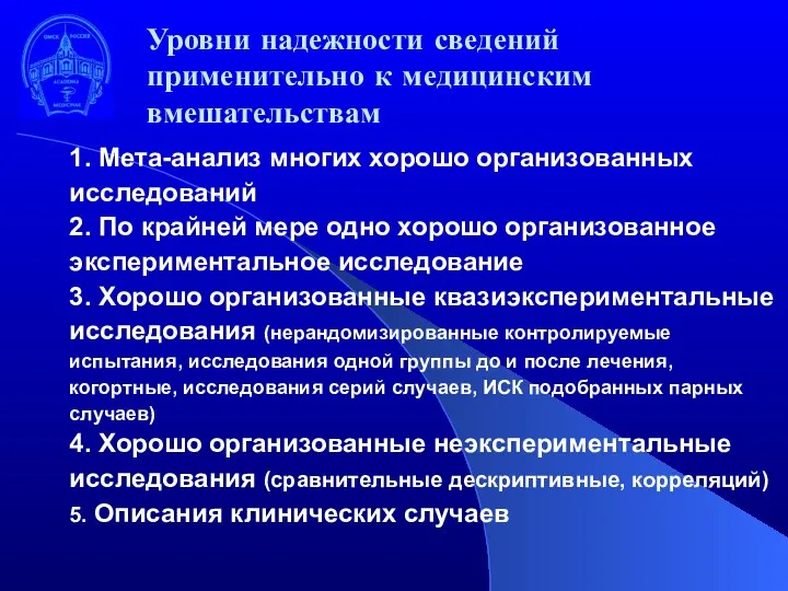 1. Мета-анализ многих хорошо организованных исследований 2. По крайней мере одно хорошо