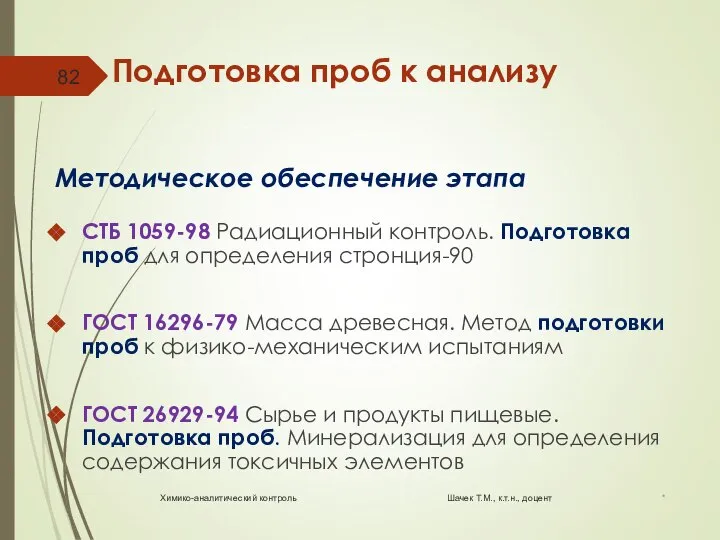 Подготовка проб к анализу Методическое обеспечение этапа СТБ 1059-98 Радиационный контроль. Подготовка