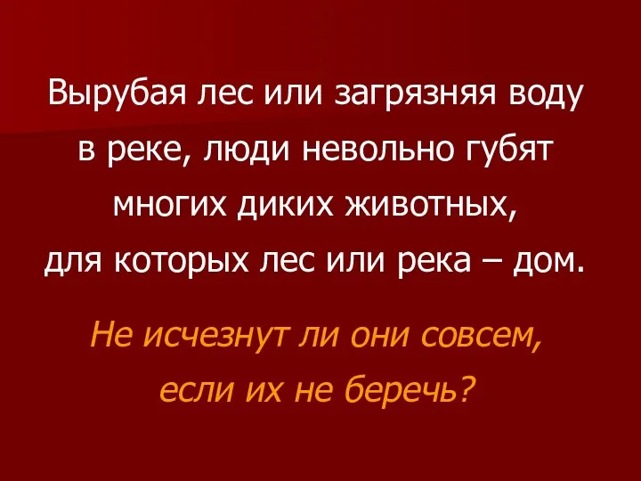 Вырубая лес или загрязняя воду в реке, люди невольно губят многих диких