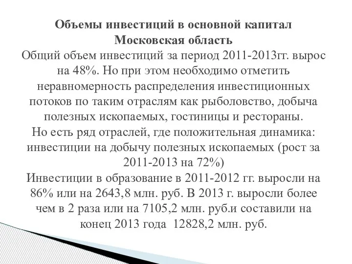Объемы инвестиций в основной капитал Московская область Общий объем инвестиций за период