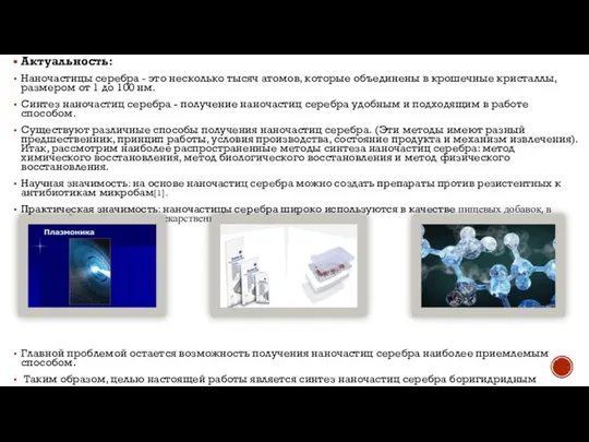 Актуальность: Наночастицы серебра - это несколько тысяч атомов, которые объединены в крошечные