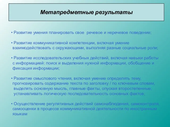 Метапредметные результаты Развитие умения планировать свое речевое и неречевое поведение; Развитие коммуникативной