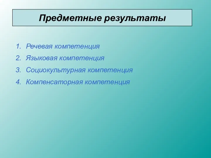 Предметные результаты Речевая компетенция Языковая компетенция Социокультурная компетенция Компенсаторная компетенция