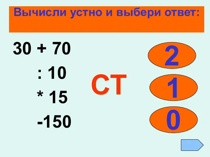 Вычисли устно и выбери ответ: 30 + 70 : 10 * 15