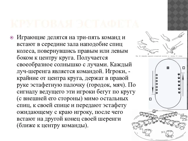 КРУГОВАЯ ЭСТАФЕТА Играющие делятся на три-пять команд и встают в середине зала