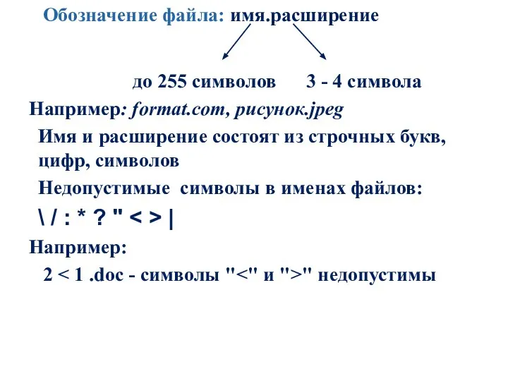 до 255 символов 3 - 4 символа Например: format.com, рисунок.jpeg Имя и