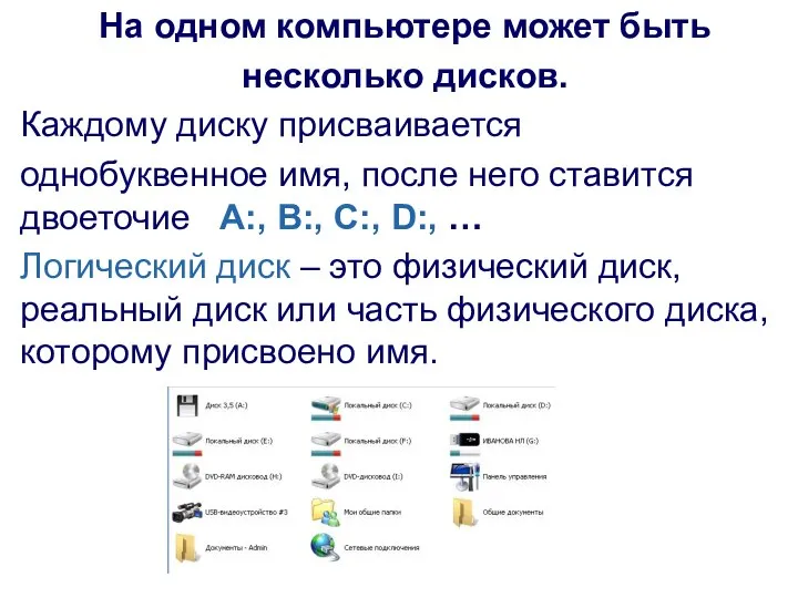 На одном компьютере может быть несколько дисков. Каждому диску присваивается однобуквенное имя,