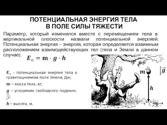 ПОТЕНЦИАЛЬНАЯ ЭНЕРГИЯ ТЕЛА В ПОЛЕ СИЛЫ ТЯЖЕСТИ Параметр, который изменялся вместе с