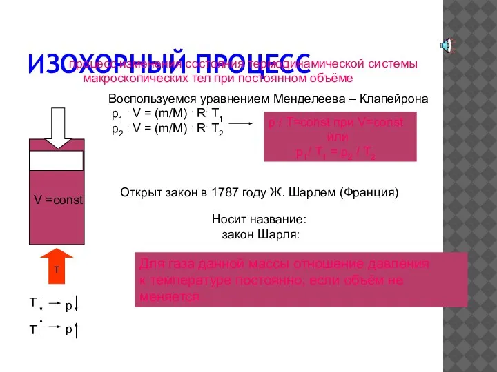 ИЗОХОРНЫЙ ПРОЦЕСС процесс изменения состояния термодинамической системы макроскопических тел при постоянном объёме