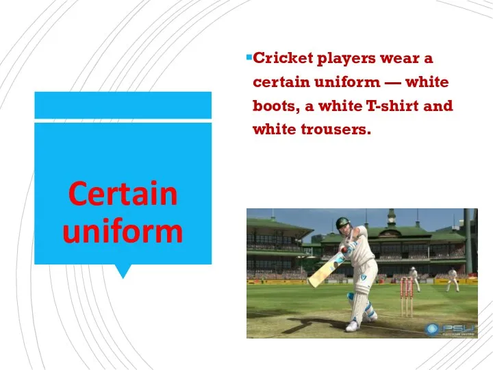 Certain uniform Cricket players wear a certain uniform — white boots, a