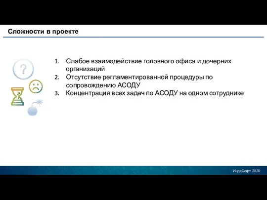 Сложности в проекте Слабое взаимодействие головного офиса и дочерних организаций Отсутствие регламентированной