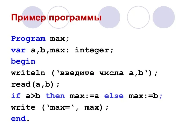 Пример программы Program max; var a,b,max: integer; begin writeln (‘введите числа a,b‘);