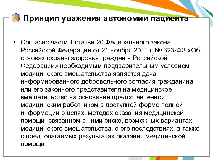 Принцип уважения автономии пациента Согласно части 1 статьи 20 Федерального закона Российской