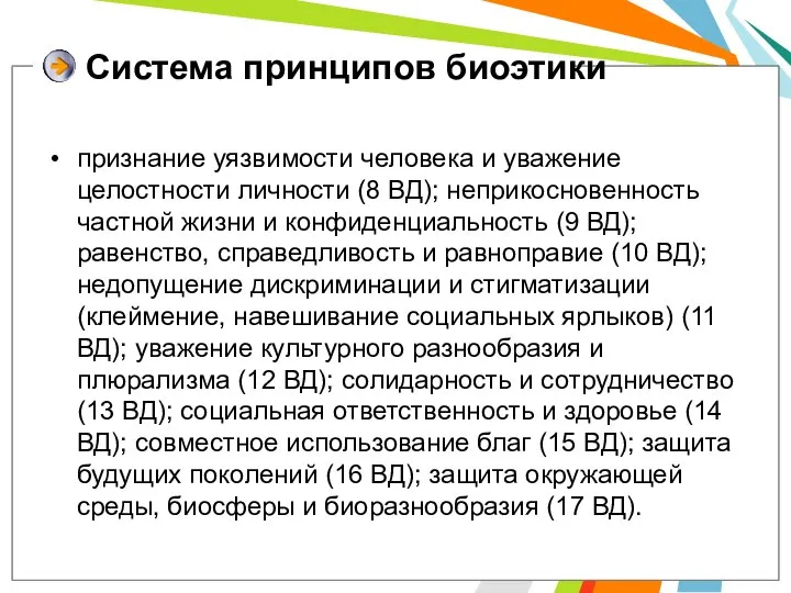 Система принципов биоэтики признание уязвимости человека и уважение целостности личности (8 ВД);