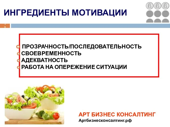 ПРОЗРАЧНОСТЬ/ПОСЛЕДОВАТЕЛЬНОСТЬ СВОЕВРЕМЕННОСТЬ АДЕКВАТНОСТЬ РАБОТА НА ОПЕРЕЖЕНИЕ СИТУАЦИИ ИНГРЕДИЕНТЫ МОТИВАЦИИ АРТ БИЗНЕС КОНСАЛТИНГ Артбизнесконсалтинг.рф