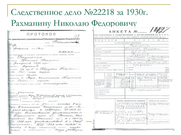 Следственное дело №22218 за 1930г. Рахманину Николаю Федоровичу