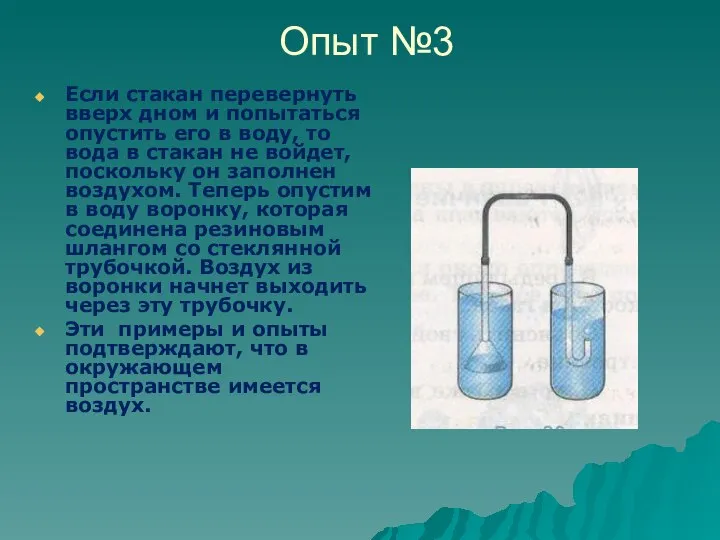 Опыт №3 Если стакан перевернуть вверх дном и попытаться опустить его в