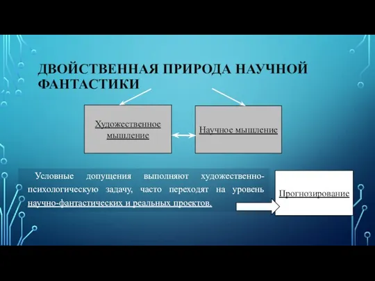 ДВОЙСТВЕННАЯ ПРИРОДА НАУЧНОЙ ФАНТАСТИКИ Условные допущения выполняют художественно-психологическую задачу, часто переходят на