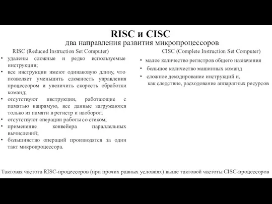 два направления развития микропроцессоров RISC и CISC RISC (Reduced Instruction Set Computer)