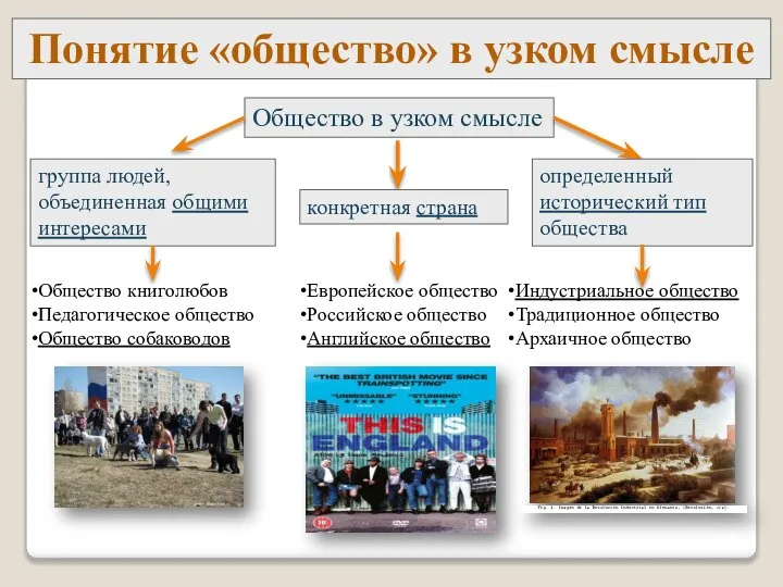 Понятие «общество» в узком смысле Общество в узком смысле группа людей, объединенная