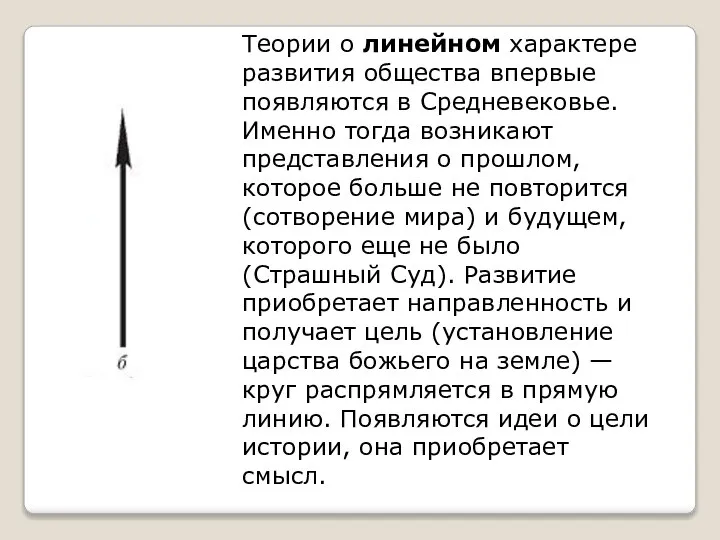 Теории о линейном характере развития общества впервые появляются в Средневековье. Именно тогда