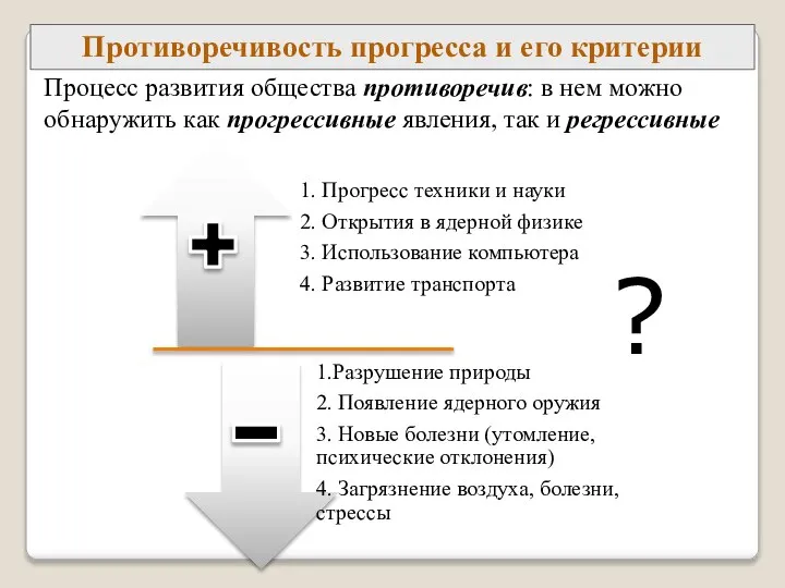 Противоречивость прогресса и его критерии Процесс развития общества противоречив: в нем можно