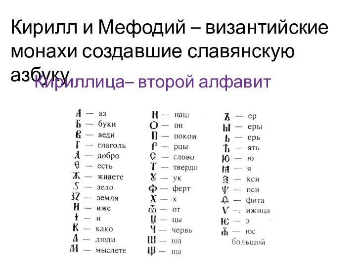 Кирилл и Мефодий – византийские монахи создавшие славянскую азбуку. Кириллица– второй алфавит