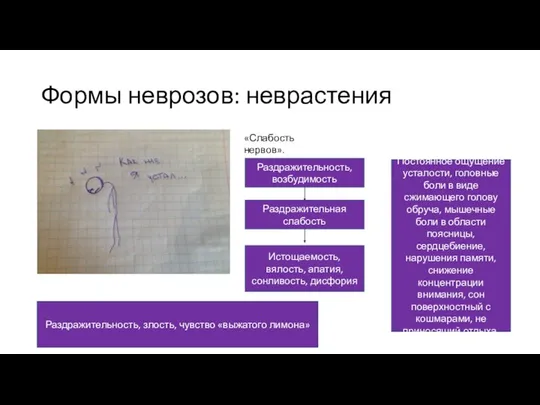 Формы неврозов: неврастения «Слабость нервов». Раздражительность, возбудимость Раздражительная слабость Истощаемость, вялость, апатия,