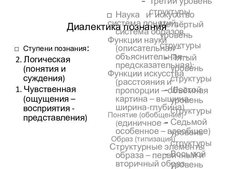 Диалектика познания Ступени познания: 2. Логическая (понятия и суждения) 1. Чувственная (ощущения