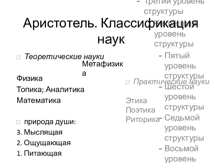 Аристотель. Классификация наук Теоретические науки Физика Топика; Аналитика Математика природа души: 3.