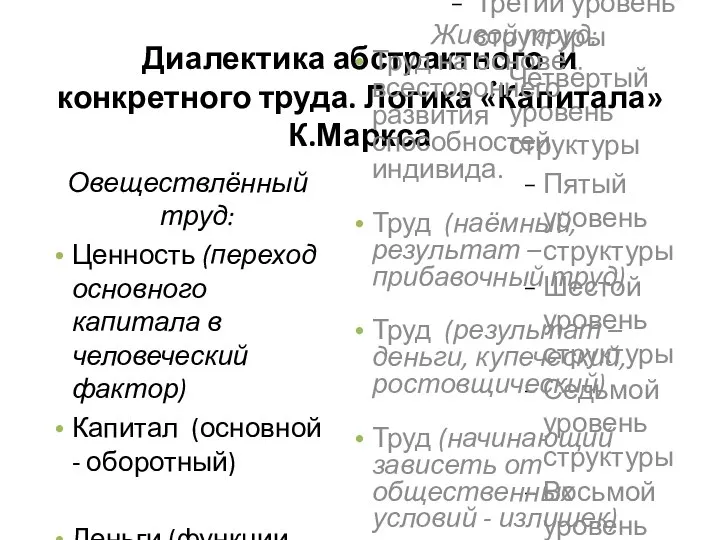 Диалектика абстрактного и конкретного труда. Логика «Капитала» К.Маркса Овеществлённый труд: Ценность (переход