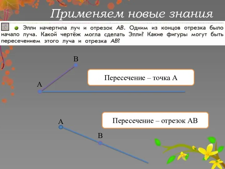 Применяем новые знания Пересечение – точка А А В А В Пересечение – отрезок АВ