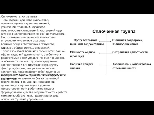 Сплоченность коллектива – это степень единства коллектива, проявляющаяся в единстве мнений, убеждений,