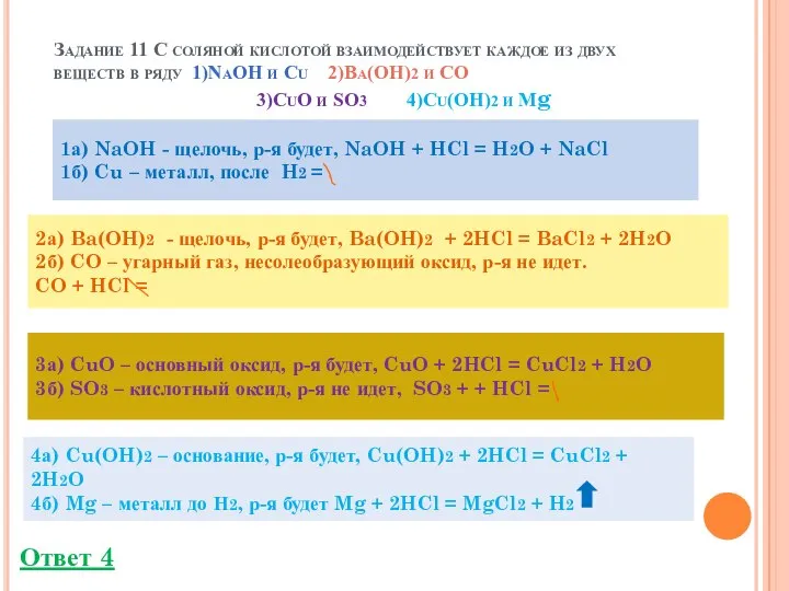 Задание 11 С соляной кислотой взаимодействует каждое из двух веществ в ряду