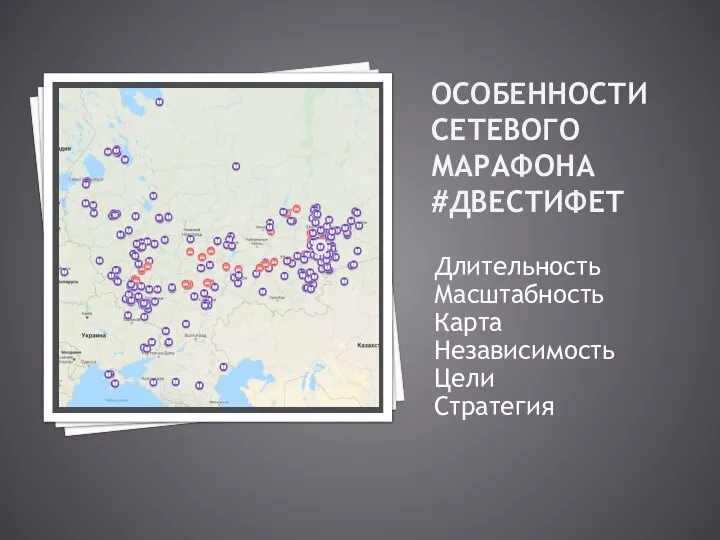 ОСОБЕННОСТИ СЕТЕВОГО МАРАФОНА #ДВЕСТИФЕТ Длительность Масштабность Карта Независимость Цели Стратегия