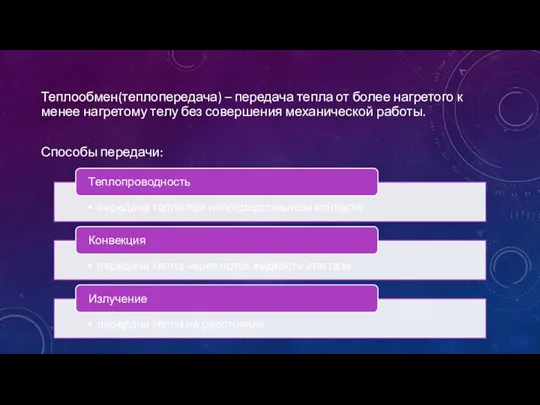 Теплообмен(теплопередача) – передача тепла от более нагретого к менее нагретому телу без