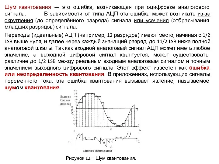 Шум квантования — это ошибка, возникающая при оцифровке аналогового сигнала. В зависимости