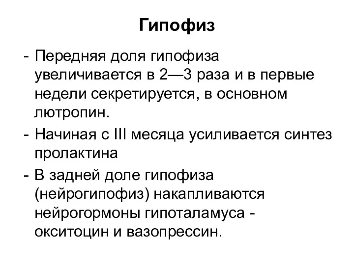 Гипофиз Передняя доля гипофиза увеличивается в 2—3 раза и в первые недели