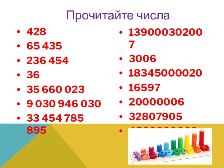 Прочитайте числа: 428 65 435 236 454 36 35 660 023 9