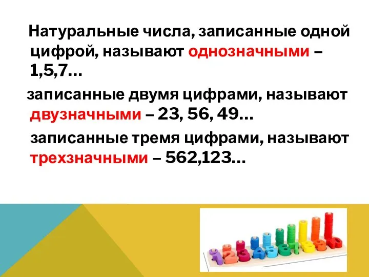 Натуральные числа, записанные одной цифрой, называют однозначными – 1,5,7… записанные двумя цифрами,