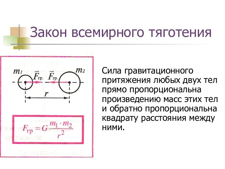 Закон всемирного тяготения Сила гравитационного притяжения любых двух тел прямо пропорциональна произведению