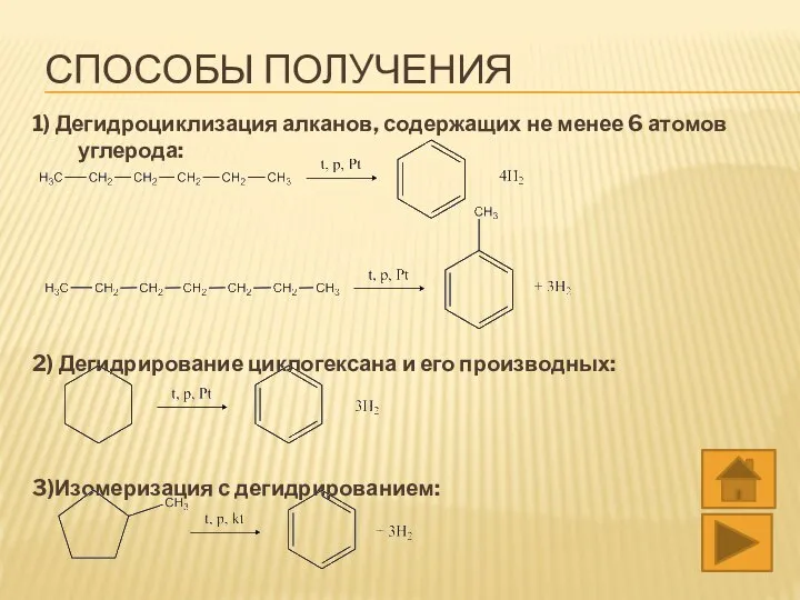 СПОСОБЫ ПОЛУЧЕНИЯ 1) Дегидроциклизация алканов, содержащих не менее 6 атомов углерода: 2)