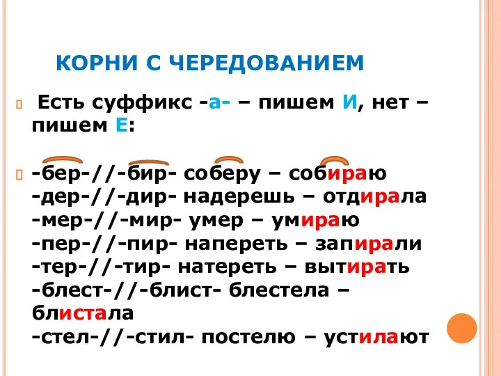 КОРНИ С ЧЕРЕДОВАНИЕМ Есть суффикс -а- – пишем И, нет – пишем