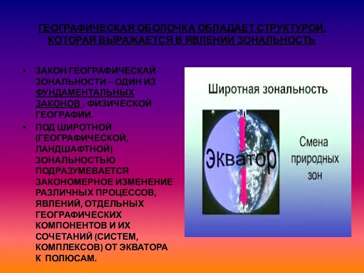 ГЕОГРАФИЧЕСКАЯ ОБОЛОЧКА ОБЛАДАЕТ СТРУКТУРОЙ, КОТОРАЯ ВЫРАЖАЕТСЯ В ЯВЛЕНИИ ЗОНАЛЬНОСТЬ ЗАКОН ГЕОГРАФИЧЕСКАЙ ЗОНАЛЬНОСТИ