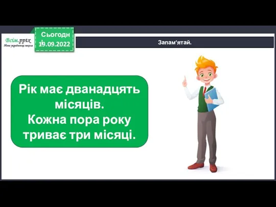 19.09.2022 Сьогодні Запам’ятай. Рік має дванадцять місяців. Кожна пора року триває три місяці.